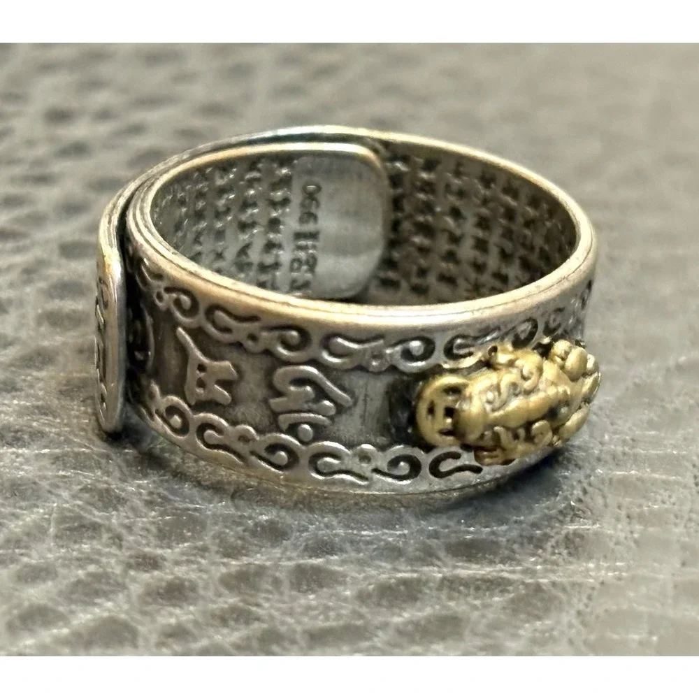990 Silver Plated Lucky Pikiu Six Sutra Dragon Whirling Logs Boho Ring Sz 8